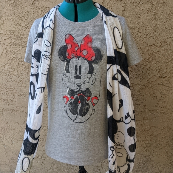 Disney Lot of 2 T-Shirt Women Size L Scarf One Size Minnie & Mickey Mouse Casual - Picture 1 of 8